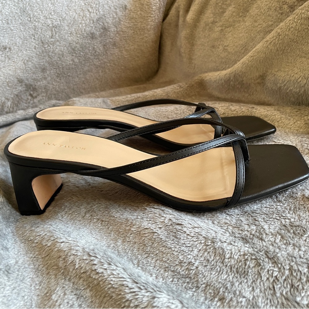Ann Taylor Black Strappy Square-Toe Sandal Heels